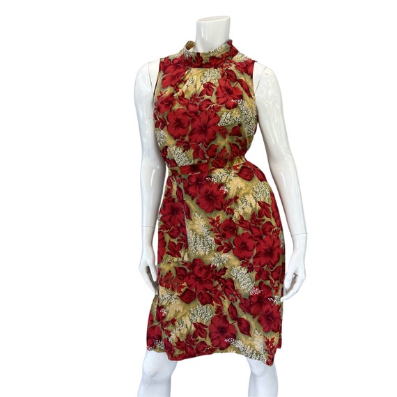 50s 60s Vintage Red and Yellow Hibiscus Belted Sl… - image 3