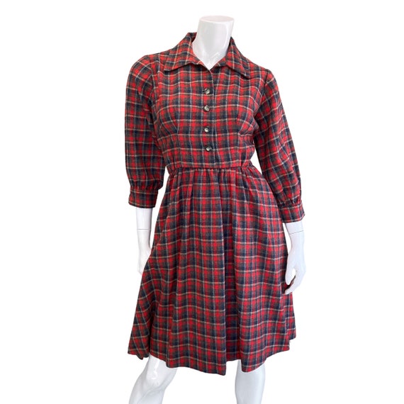 50s 60s Vintage Red Plaid Wool Shirt Dress - image 2