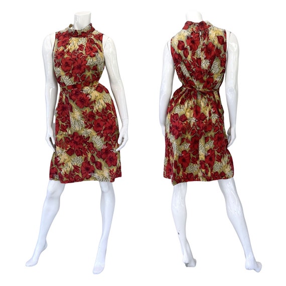 50s 60s Vintage Red and Yellow Hibiscus Belted Sl… - image 1