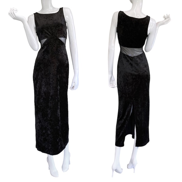 90s Y2K Vintage Black Velvet Mesh Cutout Maxi Dress Made by All That Jazz