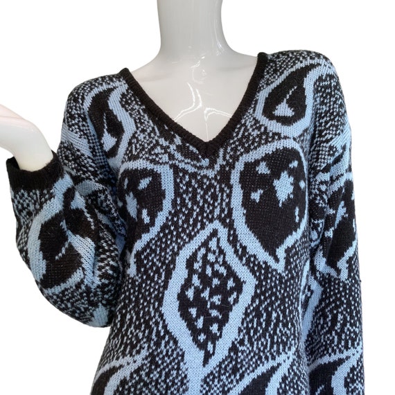 80s Vintage Black and Blue Abstract Sweater Dress… - image 9