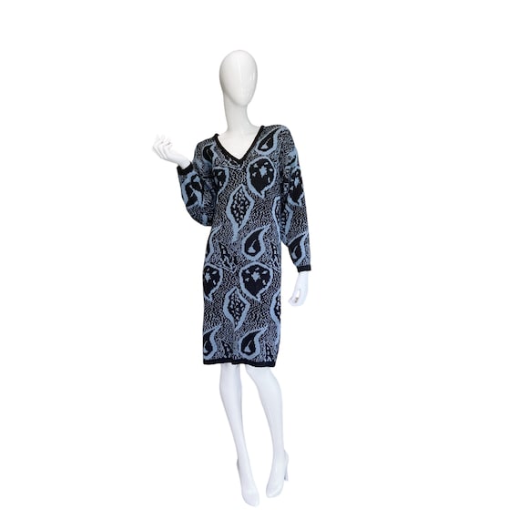 80s Vintage Black and Blue Abstract Sweater Dress… - image 2