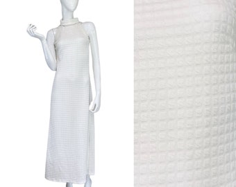 70s Vintage Off White Waffle Knit Sleeveless Polyester Maxi Dress