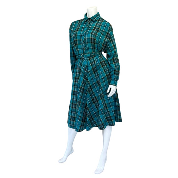 80s Vintage Teal Green Plaid Belted Blouson Dress - image 7