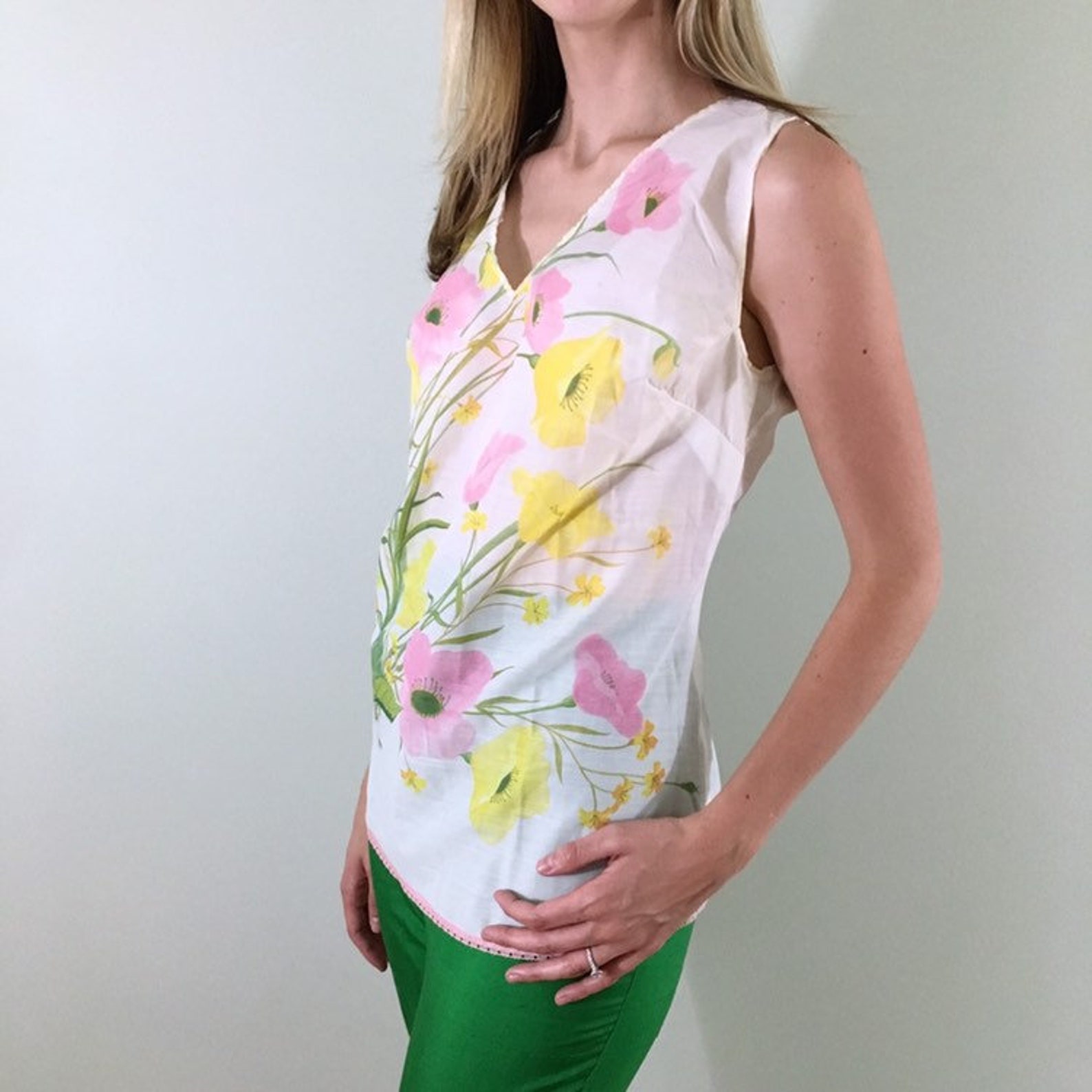 60s Vintage Pastel Floral Tank Top Blouse Semi Sheer Etsy