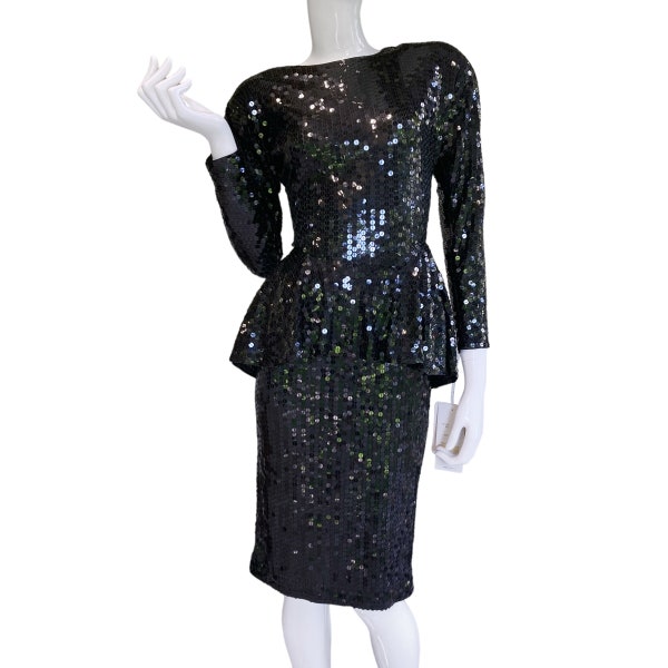 NWT 80s 90s Vintage Black Sequined Peplum Dress Made by Para