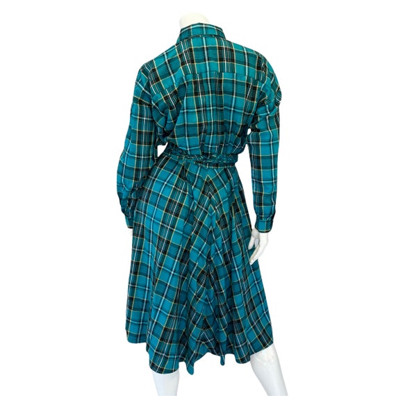 80s Vintage Teal Green Plaid Belted Blouson Dress - image 9