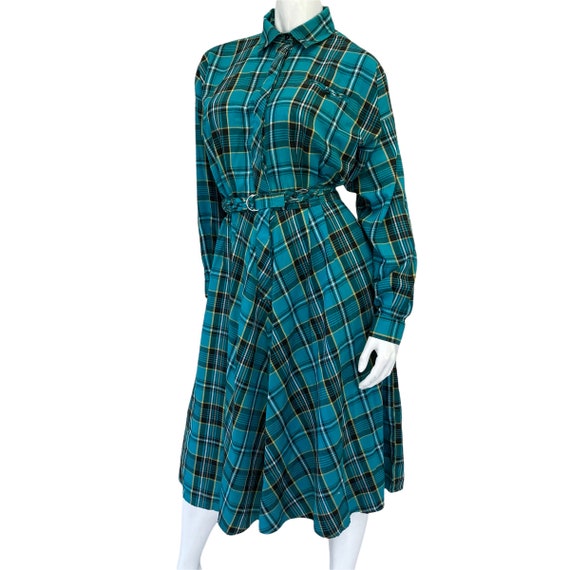 80s Vintage Teal Green Plaid Belted Blouson Dress - image 2