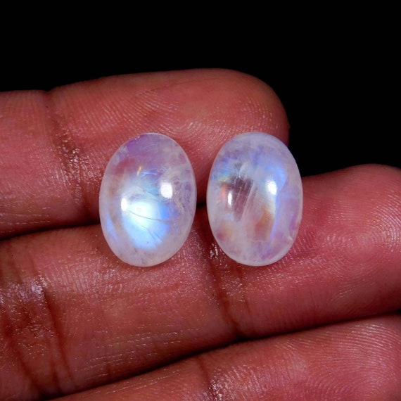 High Grade Rainbow Moonstone Gemstone Cabochon,Approx Matching Pair Awesome Beautiful Blue Flashy,Oval Shape,Size12x10MM Calibrated,12.00Cts