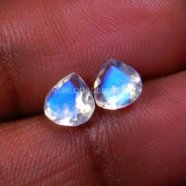 Super Top Regenbogen Mondstein,Ca. passendes Paar,100%Natural Beautiful Blue Flashy,Facettiert Schliff,Herz Form,Größe 6x6MM kalibriert,1.20Carat