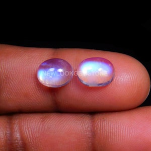 May include: Two oval-shaped moonstone cabochons with iridescent blue and purple colors. The stones are approximately 10mm in diameter.