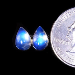 May include: Two teardrop-shaped moonstone cabochons with iridescent blue and white colors. The stones are approximately the size of a US quarter.