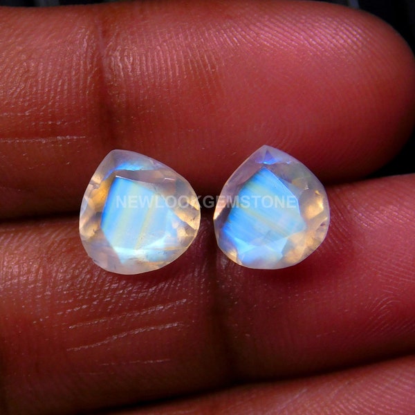 Super Top Regenbogen Mondstein,ca. passendes Paar,100%Natürlich Sehr atemberaubend Multi Auffällig,Facettiert Schliff,Herz Form,Größe 9x9MM kalibriert,5.00Cts