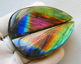 Top Grade Labradorite Cabochon,Matching Pair,Natural Beautiful Designer Multi Purple Flashy,Fancy Shape,Size71x27MM,286.00Cts,Ear Ring Stone