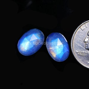 AAA + + + Piedra lunar de arco iris de alto grado, par de coincidencia aproximada, 100% natural excelente azul justo, corte rosa, forma ovalada, tamaño14x10MM calibrado, 14.0Carat