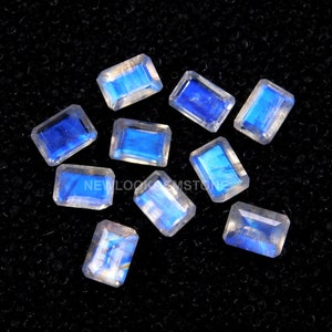 High Quality Rainbow Moonstone Gemstone,Natural Beautiful Awesome Blue Fair,Faceted Cut Rainbow,Emerald Cut Shape,Size8x6,7x5MM Calibrated