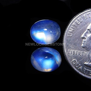 May include: Two oval-shaped, blue moonstone gemstones with a pearlescent sheen are displayed against a black background. A US quarter coin is next to the gemstones for size comparison. The gemstones have a polished surface.