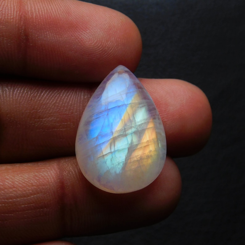 23Cts Very Beautiful Rare Designer Opaque Multi Flashy,AAA+++,100/%Natural,Rainbow Moonstone Cabochon,Pear Shape,Size25x17x7MM Jewelry Stone