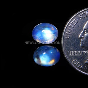 May include: Two oval-shaped moonstone cabochons, one blue and one light blue, with a rainbow sheen. The stones are next to a US quarter for size comparison.