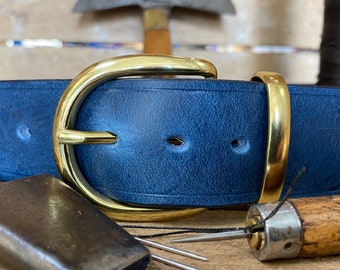 Mens Leather Belt, English Made, Hand Sewn, Bespoke,  1 1/2" Blue, Brass Keeper Round Buckle