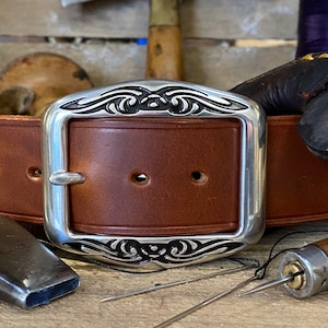 Mens Leather Belt, English Made, Hand Made, Bespoke.  1 1/2&quot; Chestnut Silver Plated Trible Buckle