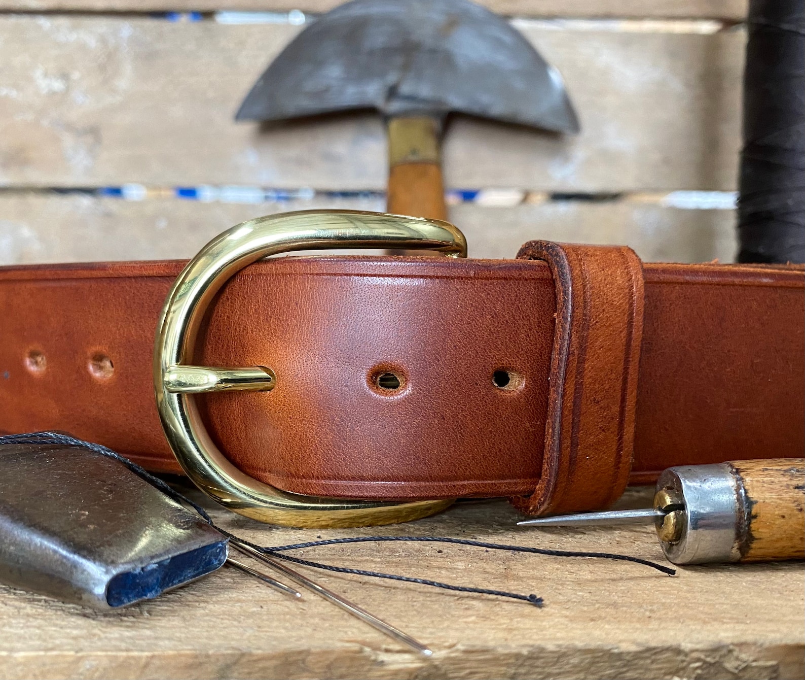 Mens Leather Belt, English Made, Hand Made, Bespoke. 1 1/2 Chestnut