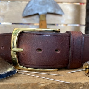 Mens Leather Belt, English Made, Hand Made, Bespoke.  1 1/2&quot; Chocolate Brown  Brass Square Buckle