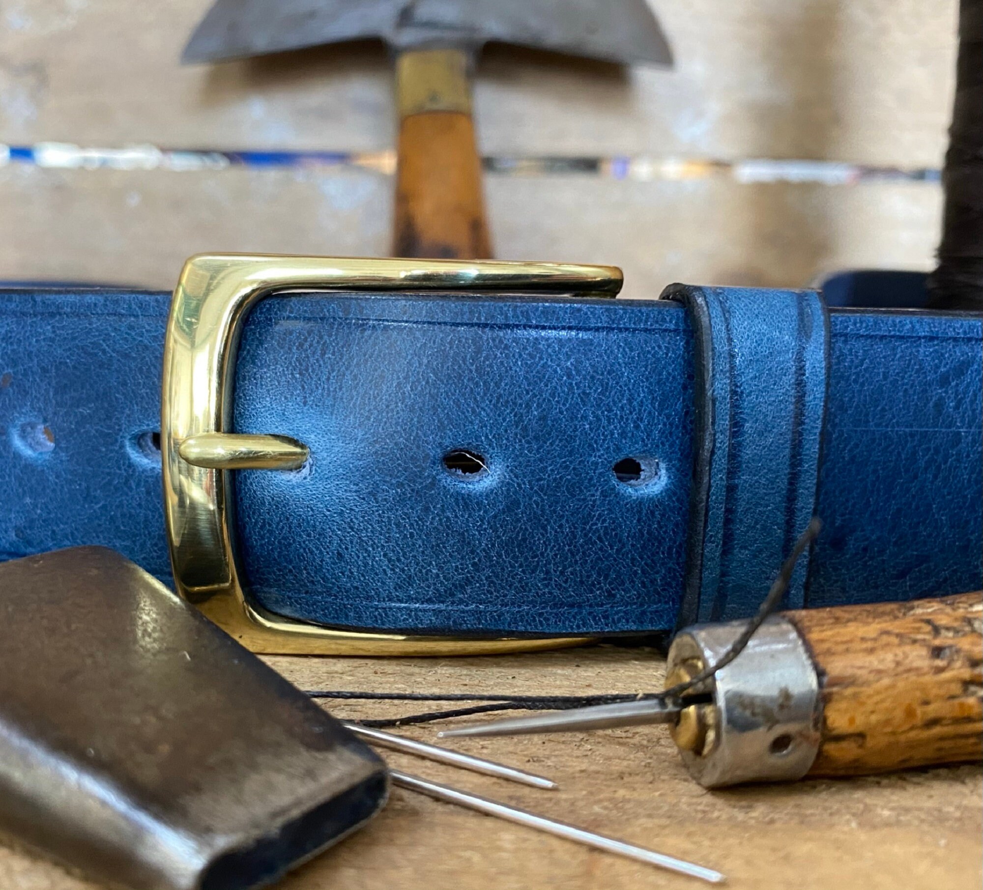 Mens Leather Belt, English Made, Hand Sewn, Bespoke, 1 1/2 Blue, Brass