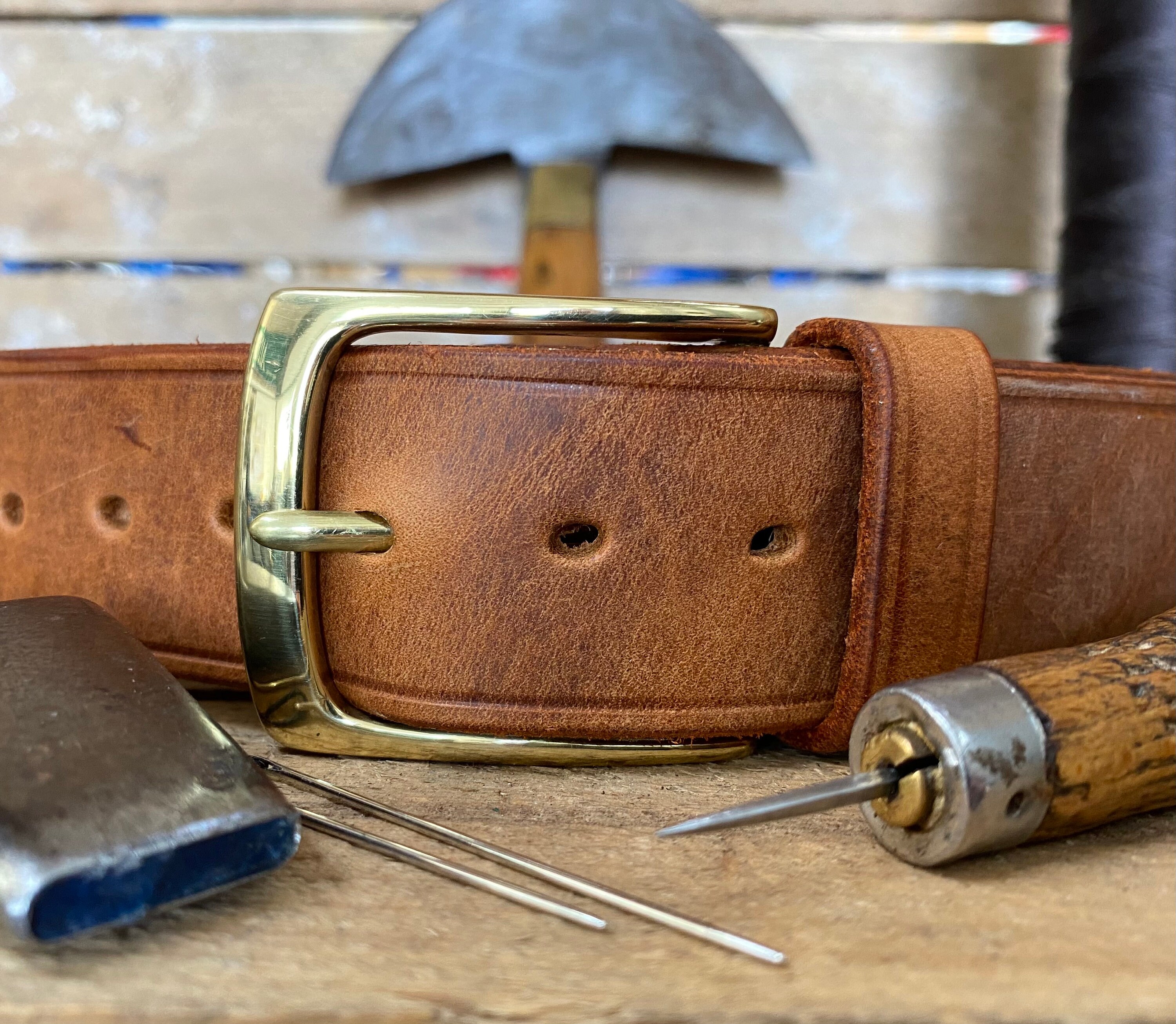Mens Leather Belt, English Made, Hand Made, Bespoke. 1 1/2 Burnt Tan