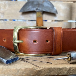 Mens Leather Belt, English Made, Hand Made, Bespoke.  1 1/2&quot; Chestnut Brass Square Buckle
