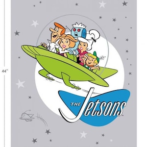 Könnte beinhalten: Ein grünes und weißes Raumschiff mit der Familie Jetson darin. Das Raumschiff fliegt durch einen grauen Himmel mit weißen Sternen. Der Text "THE JETSONS" befindet sich in einem blauen Kreis unter dem Raumschiff.