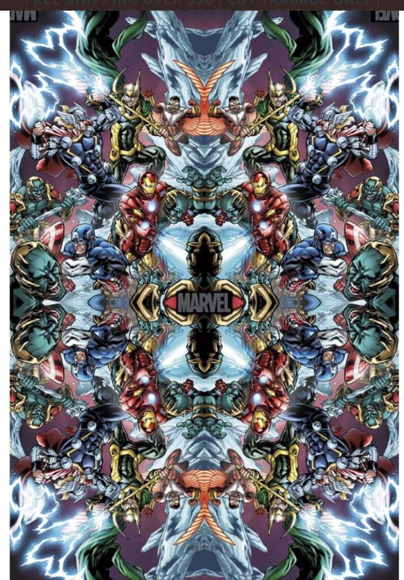 Op de afbeelding: Een caleidoscopische afbeelding van Marvel-superhelden, waaronder Iron Man, Captain America, Thor en Loki. De afbeelding is symmetrisch en heeft een centrale cirkel met het woord "MARVEL" in rood.