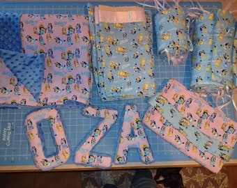 Bluey-READ BELOW Crib Toddler - Bedding Bluey cartoon - Sheet -  fitted sheet - Blanket - Pillow Case - Curtain  Valance 3d wall letters