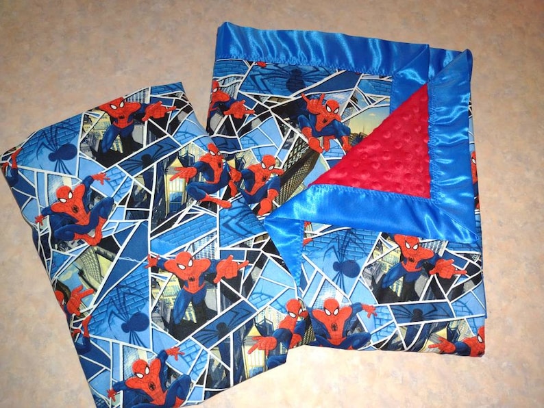 Spider-Man- Crib - fitted sheet - Blanket set with satin binding spiderman blanket Spiderman sheet Miles Morales blanket image 6