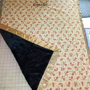 May include: A yellow and orange baby blanket with a black minky backing and gold satin trim. The blanket has a repeating pattern of cartoon lizards and the name "Charlie" embroidered in the center.