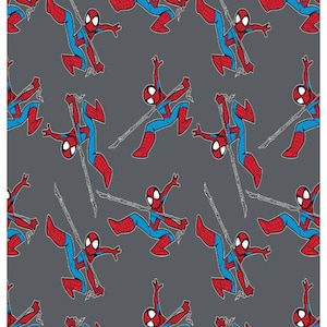 May include: A repeating pattern of red and blue cartoon Spider-Man characters swinging on web lines against a gray background.