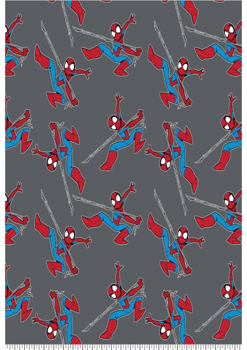 May include: A repeating pattern of red and blue cartoon Spider-Man characters swinging on web lines against a gray background.