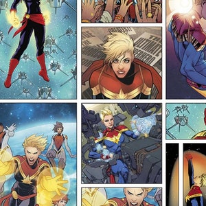 Op de afbeelding: Een comicboekpagina met een vrouwelijke superheldin in een rood, blauw en gouden kostuum. De superheldin wordt getoond in verschillende poses, waaronder vliegen, vechten en er vastberaden uitzien. De pagina bevat ook tekstballonnen en geluidseffecten.