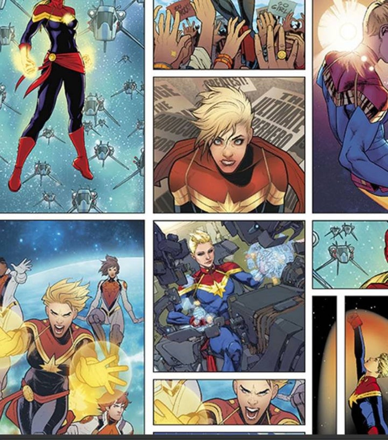 Op de afbeelding: Een comicboekpagina met een vrouwelijke superheldin in een rood, blauw en gouden kostuum. De superheldin wordt getoond in verschillende poses, waaronder vliegen, vechten en er vastberaden uitzien. De pagina bevat ook tekstballonnen en geluidseffecten.