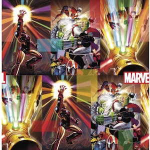 Op de afbeelding: Een comicboekomslag met een kleurrijke, actievolle sc&egrave;ne met meerdere superhelden. De omslag toont een close-up van Iron Man in een rood-gouden pak, met een gloeiend licht dat uit zijn hand straalt. De omslag toont ook Hulk, Thor en andere superhelden. De tekst "MARVEL" staat prominent in de rechterbenedenhoek.