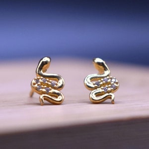 Gold Plated Snake Stud Earrings with Cubic Zirconia