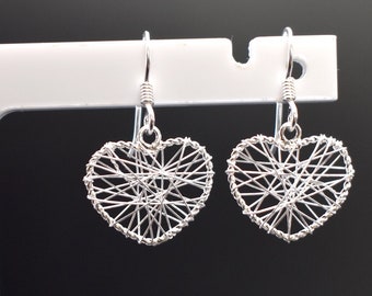 Open Wire Heart Drop Earrings in 925 Sterling Silver