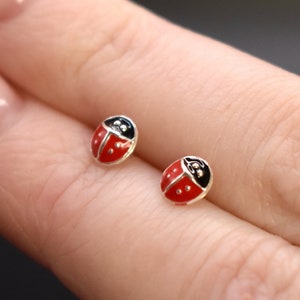 May include: A pair of silver ladybug earrings with red and black enamel. The earrings are small and delicate, and they would make a great gift for a child or a woman.