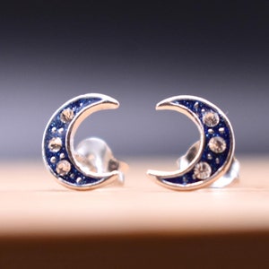 Navy Crystal Crescent Moon Stud Earrings in 925 Sterling Silver