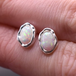 Oval Synthetic Opal Stud Earrings in 925 Sterling Silver