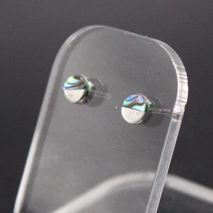 May include: A pair of circular stud earrings featuring a split design. The top half of each earring is inlaid with iridescent abalone shell displaying green and blue tones, while the bottom half is a smooth, polished silver-toned metal finish.