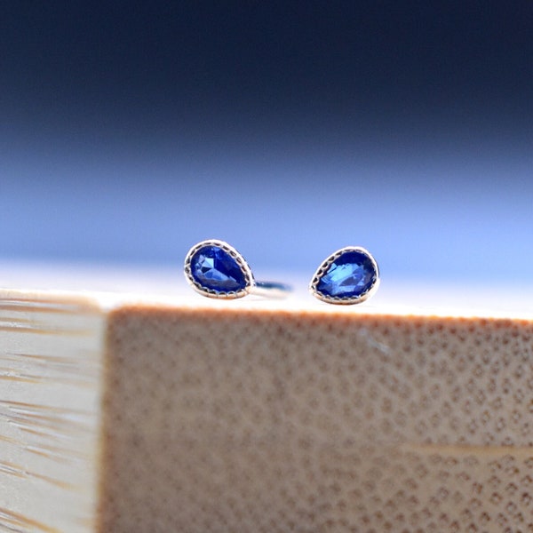 Tiny Blue Zircon Teardrop Shape Stud Earrings in 925 Sterling Silver