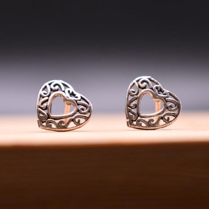 Filligree Heart Stud Earrings in 925 Sterling Silver