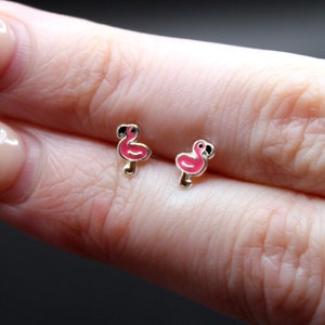 Tiny Hot Pink Flamingo Stud Earrings in 925 Sterling Silver