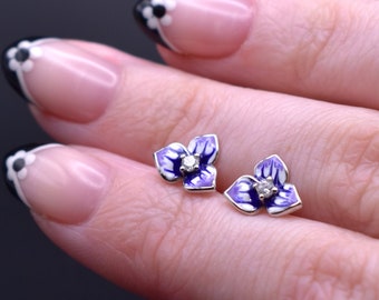 Purple Iris Flower Stud Earrings in 925 Sterling Silver